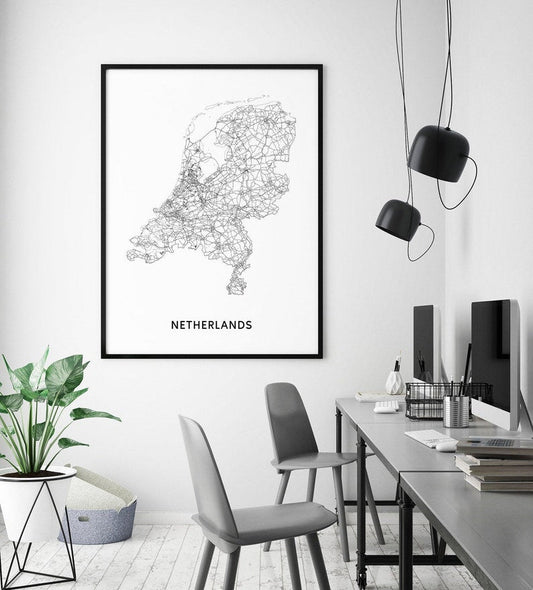 Nederland Kaart Print – Zwart & Wit – Digitale download
