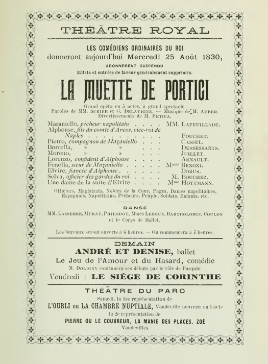Historische affiche van La Muette de Portici, opgevoerd in Brussel op 25 augustus 1830 aan het begin van de Belgische Revolutie.