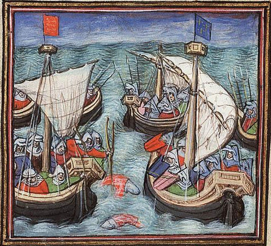 Middeleeuwse miniatuur van de Slag bij Arnemuiden in 1338 met Engelse en Franse schepen