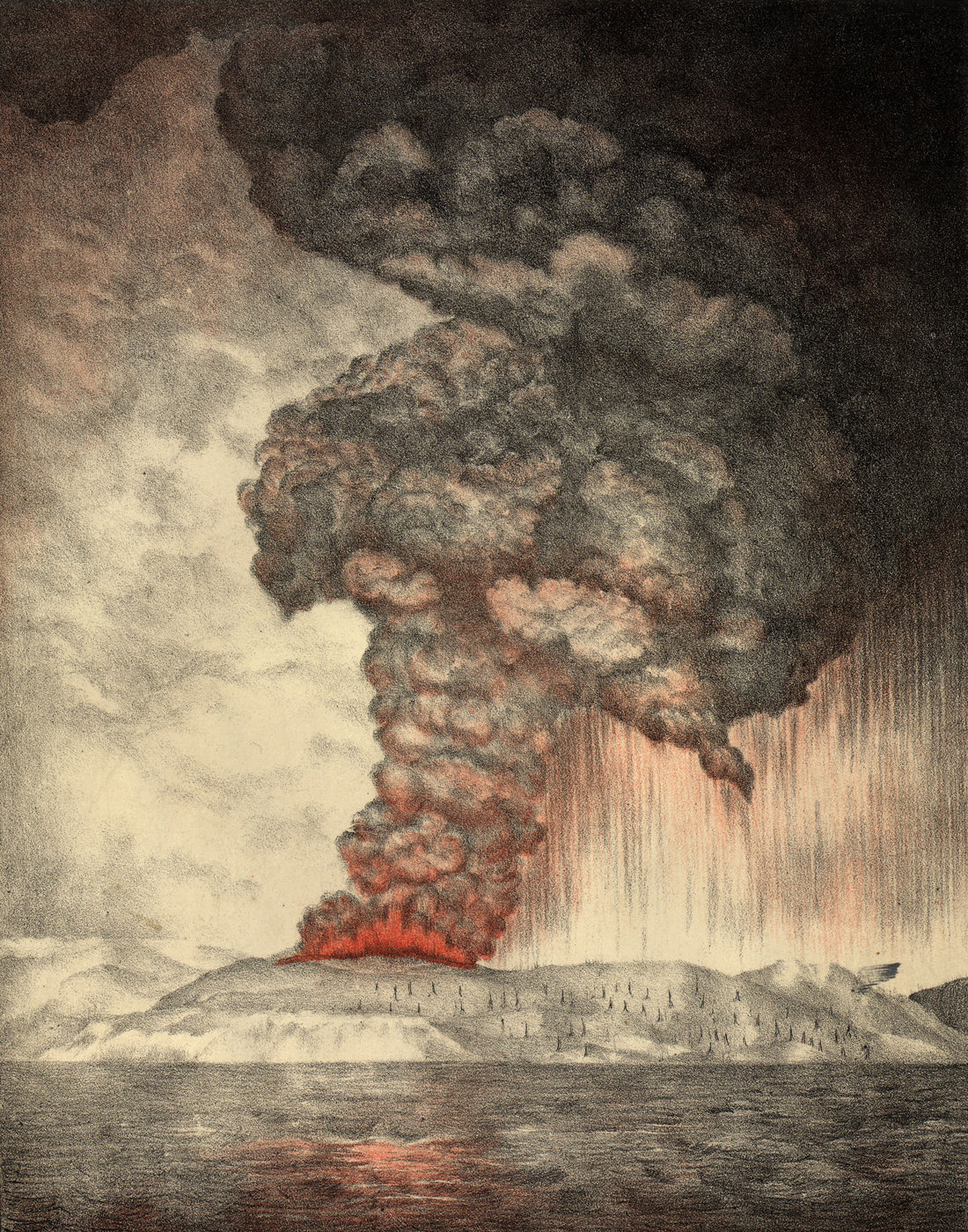 Krakatau tijdens de vroege fase van de vulkaanuitbarsting in 1883, weergegeven in een historische lithografie