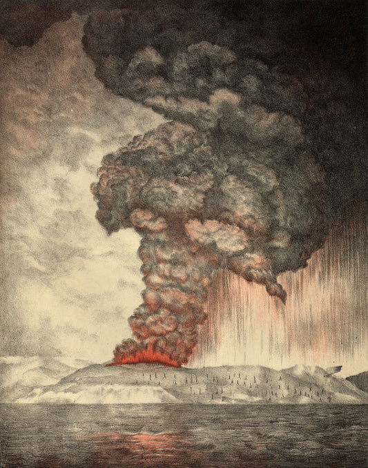 Krakatau tijdens de vroege fase van de vulkaanuitbarsting in 1883, weergegeven in een historische lithografie