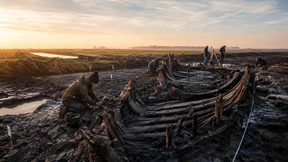 Archeologen leggen een oud scheepswrak bloot in de Nederlandse poldergrond.