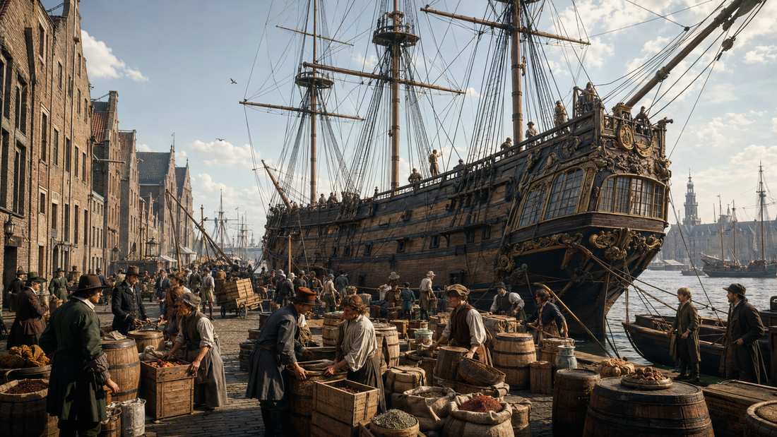 VOC-schip wordt geladen in een zeventiende-eeuwse Nederlandse haven.