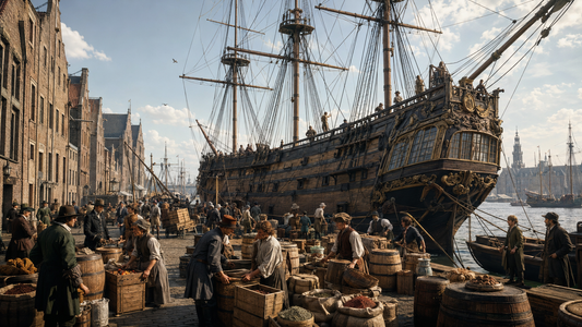 VOC-schip wordt geladen in een zeventiende-eeuwse Nederlandse haven.