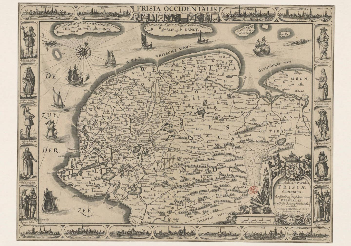 Historische Kaart Friesland 1665 – Oude Plattegrond met Stadsgezichten | Vintage Wandkaart