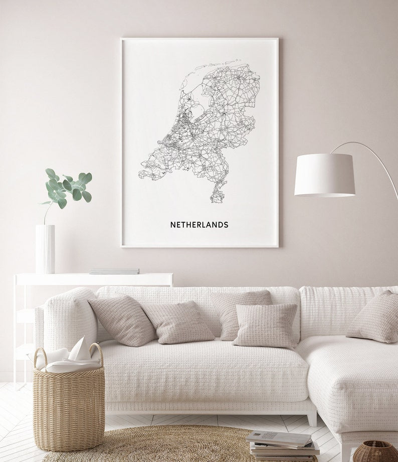 Nederland Kaart Print – Zwart & Wit – Digitale download