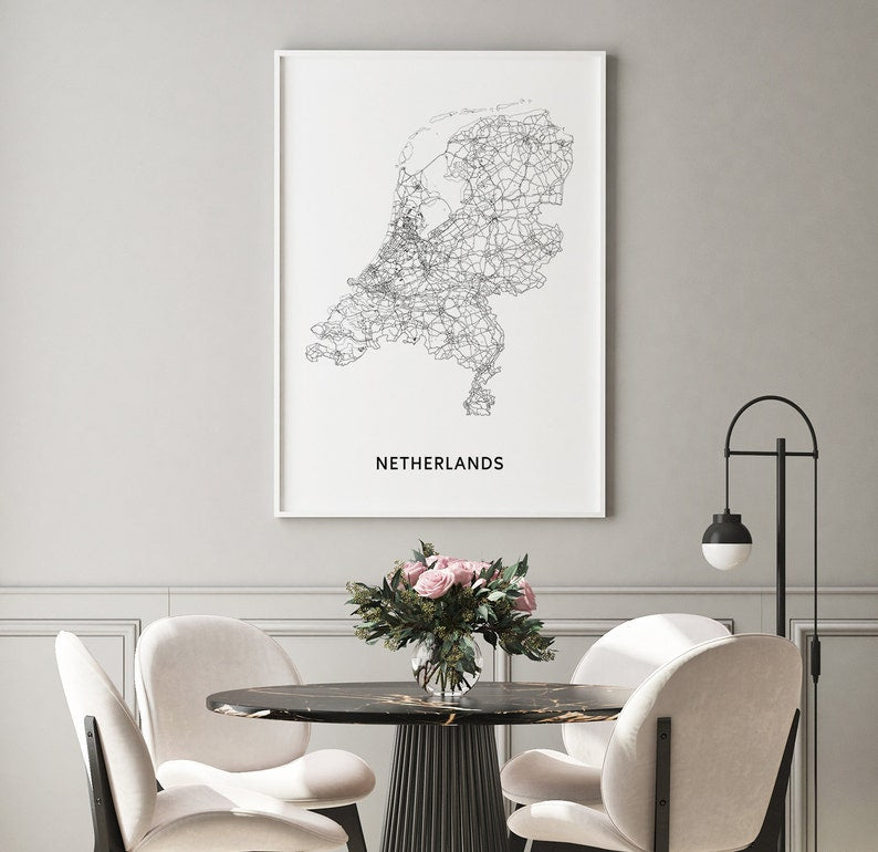 Nederland Kaart Print – Zwart & Wit – Digitale download