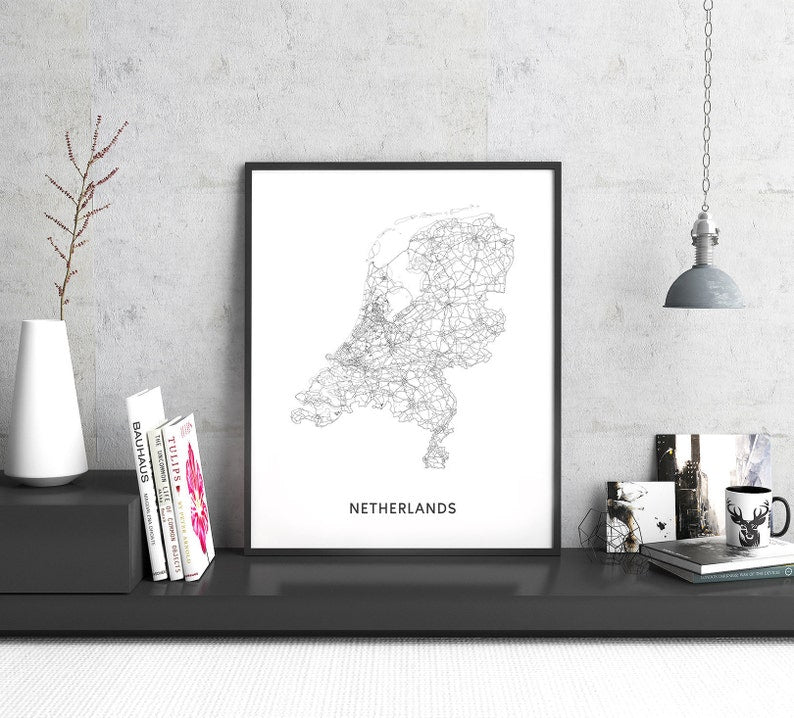 Nederland Kaart Print – Zwart & Wit – Digitale download