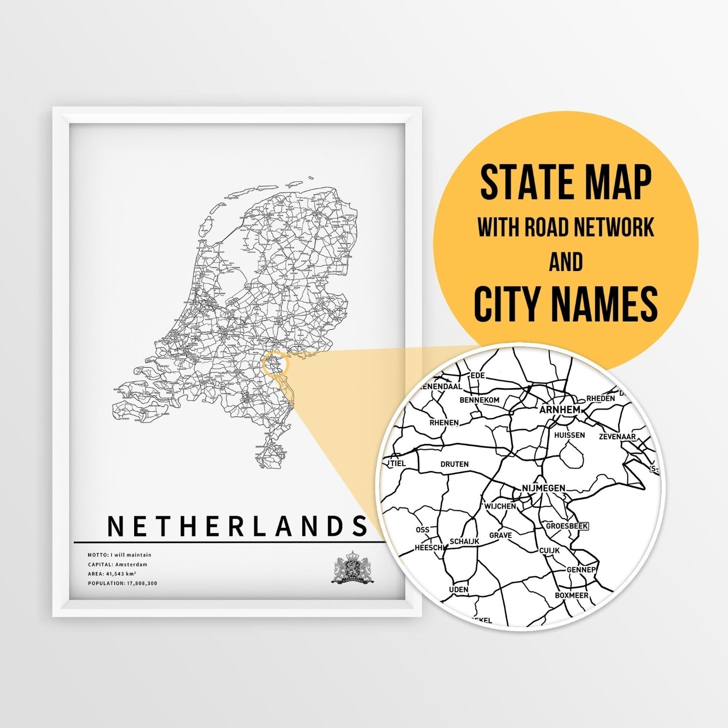 Kaart van Nederland met stadsnamen en wegen – Digitale download⁵