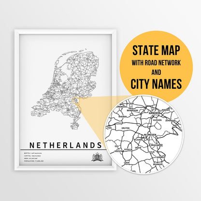 Kaart van Nederland met stadsnamen en wegen – Digitale download⁵