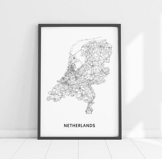 Nederland Kaart Print – Zwart & Wit – Digitale download