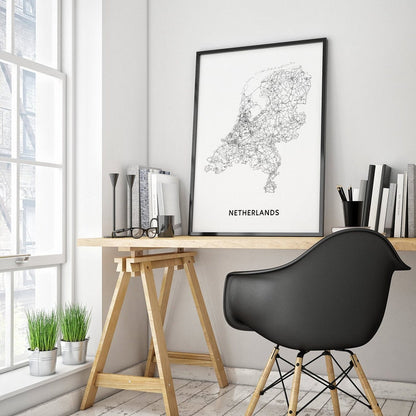Nederland Kaart Print – Zwart & Wit – Digitale download