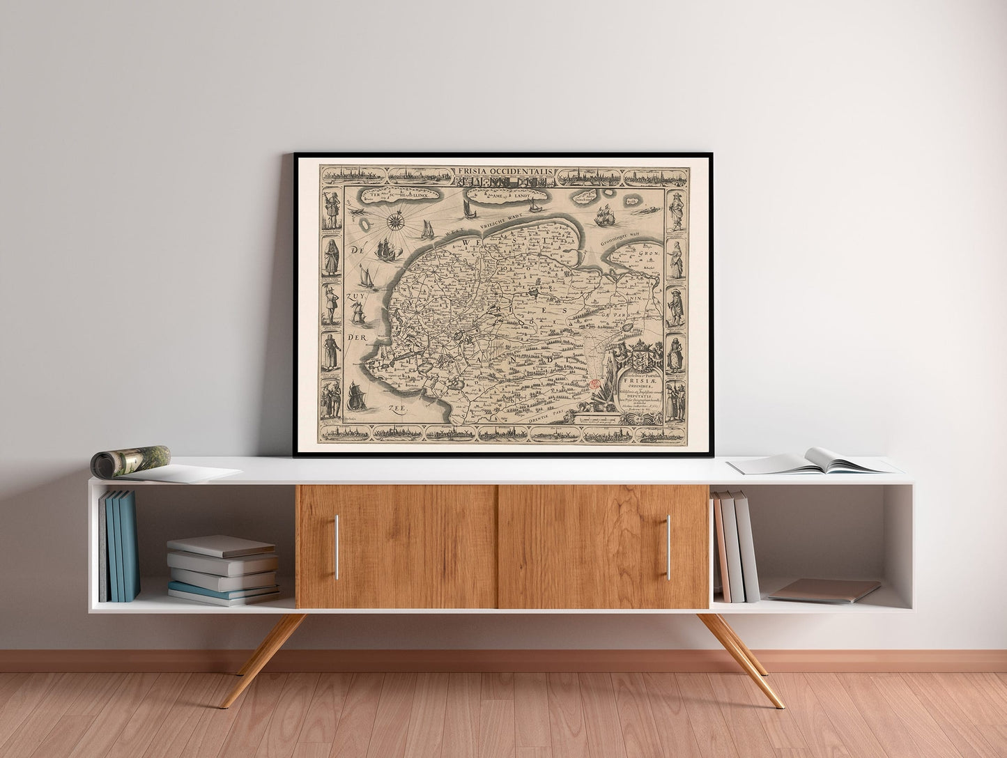 Historische Kaart Friesland 1665 – Oude Plattegrond met Stadsgezichten | Vintage Wandkaart